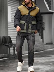 Manfinity Homme 超大号男式双色夹棉大衣，配有翻盖口袋和连帽 - 咖啡棕 - 查看 6