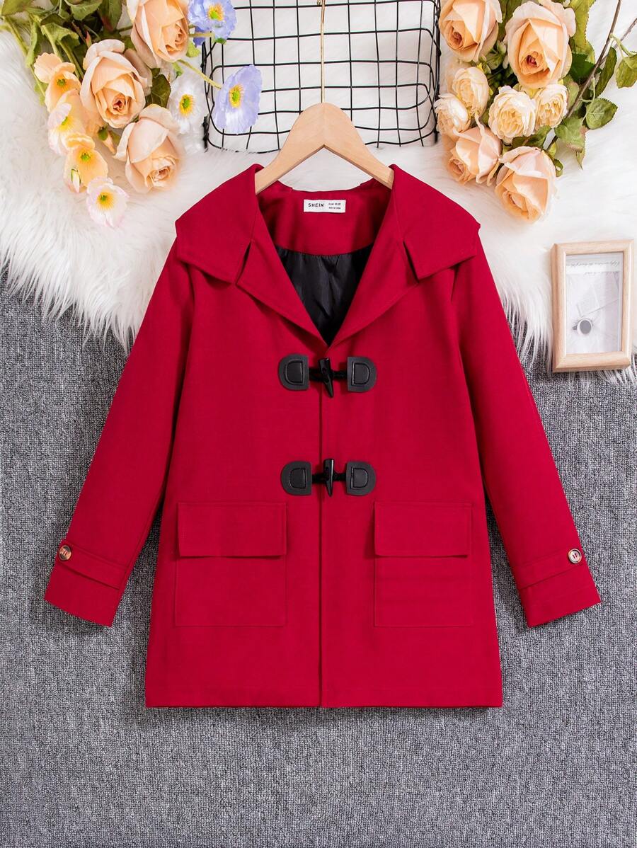 SHEIN Cô gái Màu Đỏ Sâu Nút còi Áo trùm đầu Đối với To lớn Trẻ em - Màu Đỏ Sâu - Xem 1