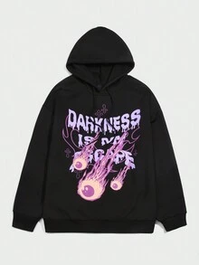 ROMWE MEN Street Life 男士標語印花束口上衣和運動長褲套裝 - 黑色 - 查看 4