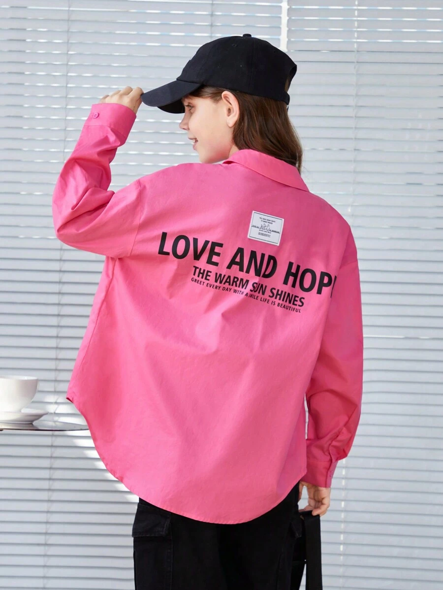 SHEIN Áo sơ mi thường ngày dáng rộng dành cho nữ Tween có họa tiết và màu trơn, dệt - Màu Hồng Tươi - Xem 1