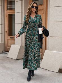 SHEIN Clasi Women's Printed Waist Ruched Pleated Dress - Green - View 3