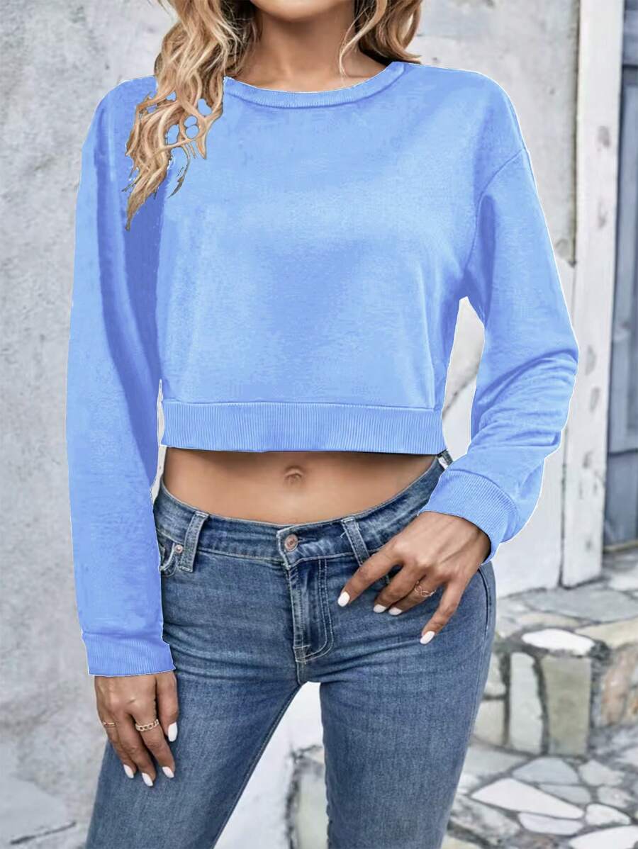 SHEIN EZwear Women's Solid Color Drop Shoulder Sweatshirt - Blue - View 1