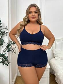 Plus Size Hollow Out Patchwork Lace Lingerie Set, Bra & Panty Set