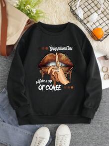 SHEIN EZwear 女裝加大尺碼字母印花黑色運動衫 - 黑色 - 查看 6