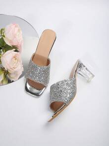 Phong cách mới Của phụ nữ Dép đi trong nhà , Mùa hè Mặc Thấp Gót chân Pha lê Dép xăng đan Với Sáng bóng Dây đai - Bạc - Xem 3