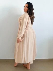 SHEIN SXY 大碼背心、外套和帶子褲子三件套裝 - 杏色 - 查看 2