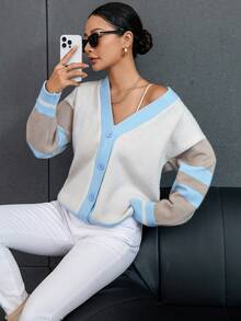 SHEIN Essnce Women's Color Block Drop Shoulder Cardigan With Front Button-up - Multicolor - View 6