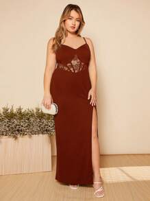 SHEIN Belle Plus Contrast Lace Split Thigh Cami Dress - Brown - View 1