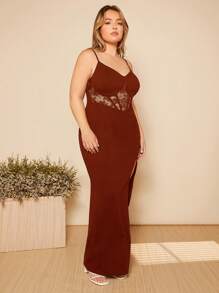 SHEIN Belle Plus Contrast Lace Split Thigh Cami Dress - Brown - View 5