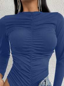 EURMUSE Solid Ruched Bodysuit - Blue - View 3