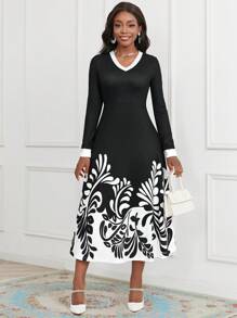 SHEIN Lady Plants Print Contrast Trim Dress - Black and White - View 6