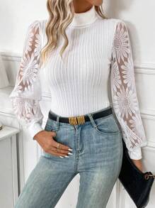 SHEIN Frenchy Women's Floral Print Splice Mesh High Neck Bodysuit - White - View 4