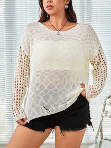 SHEIN EZwear Kích thước lớn Dệt kim Thả vai Xu hướng: Cắt giảm Áo len Với Vá lại - Màu be - Xem 3