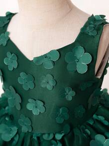 女小童貼花網紗覆蓋派對禮服 - 墨綠色 - 查看 7