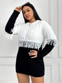 SHEIN EZwear Plus Size Patchwork Tassel Sweater - Black and White - View 4