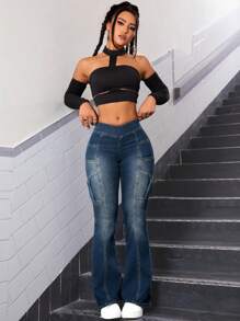 SHEIN ICON Zip Back Bleach Wash Flare Leg Jeans