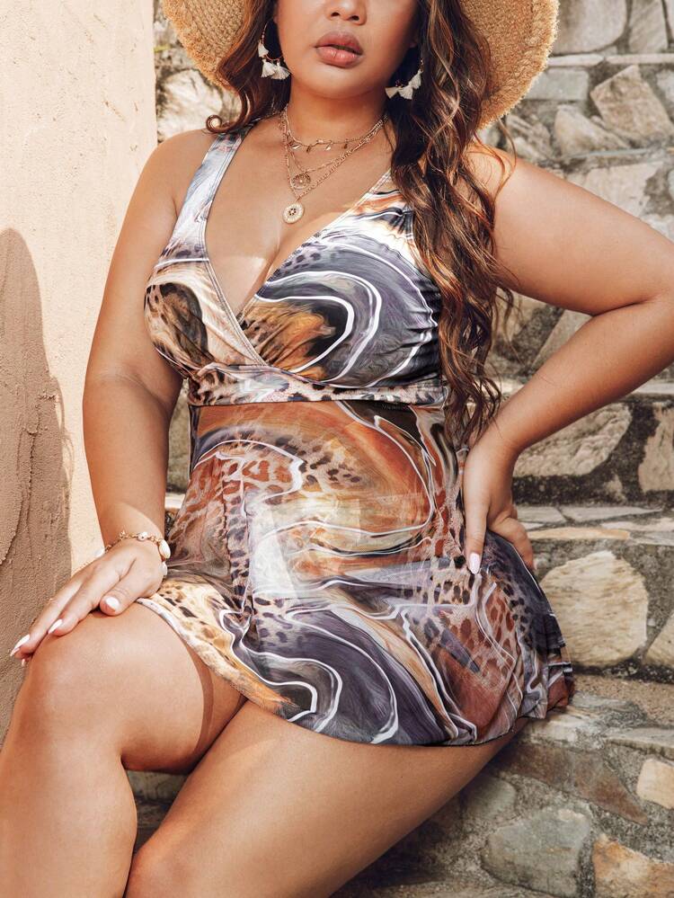 Plus Size Leopard Print Sleeveless Tankini Summer