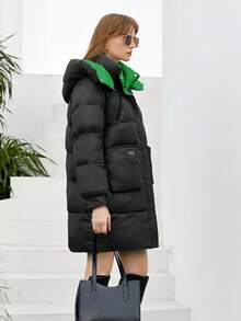 ZIAI 女士拉链口袋设计拼色保暖中长夹克 - 黑色 - 查看 3