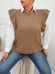 Celure Áo dệt kim trơn có viền xếp nếp dành cho nữ Plus Size - Màu Khaki - Xem 3