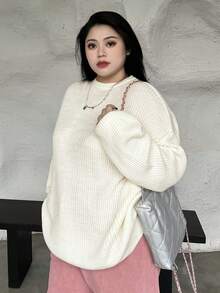 Dazy Petite Plus Women's Solid Color Round Neck Sweater - White - View 5