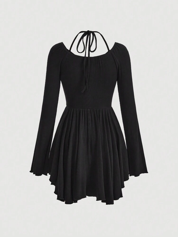 Ruffle Trim Tie Back Flounce Sleeve Dress