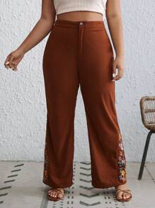 SHEIN VCAY Plus Floral Embroidery Flare Leg Pants - Brown - View 4