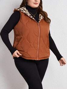 SHEIN LUNE Plus Zip Up Hooded Vest Quilted Coat - Rust Brown - View 4
