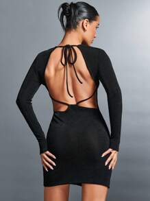 SHEIN BAE Tie Backless Bodycon Dress - Black - View 6