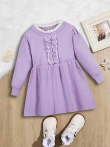 Em bé Cô gái Đầm Áo len Với Ruffle Cạnh Và Nút - Màu tím - Xem 1