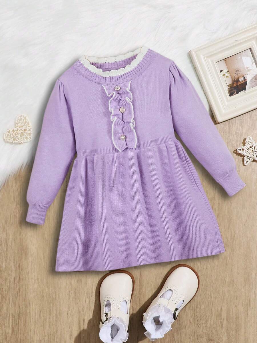 Em bé Cô gái Đầm Áo len Với Ruffle Cạnh Và Nút - Màu tím - Xem 1