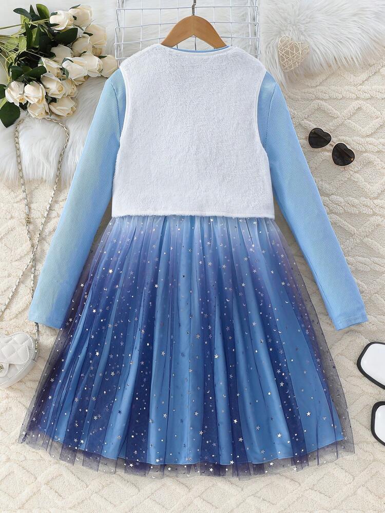 2枚セット ティーンガールズ用 ぬいぐるみベスト とオンブレメッシュ ロングスリーブドレスアウトフィット