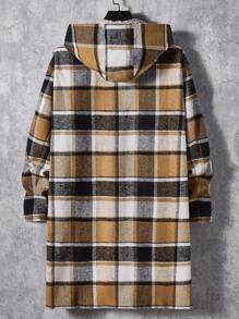 Manfinity VCAY 宽松男士格子印花连帽粗呢大衣，适合秋冬 - 卡其色 - 查看 2