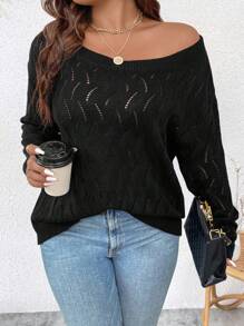 Calvaya Áo len dệt kim vai rộng rãi cho nữ cỡ lớn, cổ tròn, thiết kế khoét lỗ, họa tiết hoa, màu đen, thích hợp cho mùa xuân và mùa thu - màu đen - Xem 1