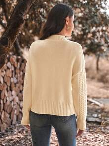 SHEIN LUNE Floral Embroidery Cable Knit Drop Shoulder Sweater - Beige - View 2