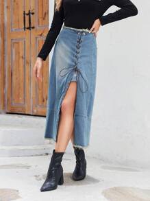 SHEIN LUNE Grommet Lace Up Front Raw Trim Denim Skirt