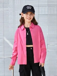 SHEIN Áo sơ mi thường ngày dáng rộng dành cho nữ Tween có họa tiết và màu trơn, dệt - Màu Hồng Tươi - Xem 3