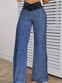 十字腰寬腿褲,休閒寬鬆網格拼接褲,女裝 - 淺藍色 - 查看 1