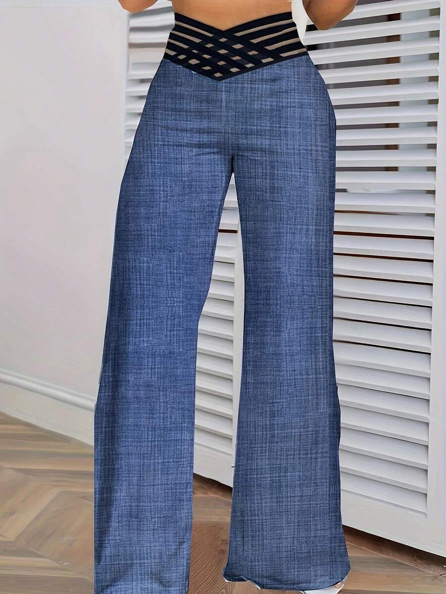 十字腰寬腿褲,休閒寬鬆網格拼接褲,女裝 - 淺藍色 - 查看 1
