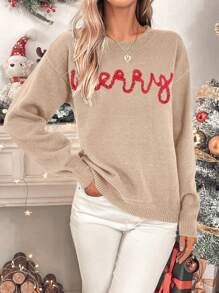 Chiquease Letter Pattern Drop Shoulder Knit Pullover Fall Winter Sweater - Khaki - View 5