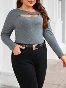 SHEIN Clasi Của phụ nữ Kích thước lớn Không đối xứng Đường viền cổ áo Xu hướng: Cắt giảm Chất rắn Tay áo dài Áo thun - Màu xám đen - Xem 1