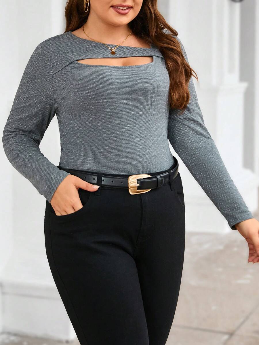 SHEIN Clasi Của phụ nữ Kích thước lớn Không đối xứng Đường viền cổ áo Xu hướng: Cắt giảm Chất rắn Tay áo dài Áo thun - Màu xám đen - Xem 1