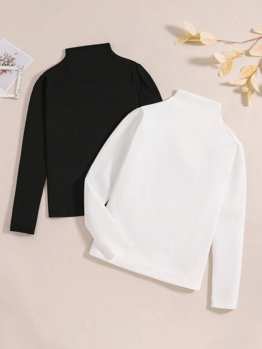 SHEIN Vintaside Kids 女大童2入組素色小高領T恤