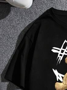 GENTILAND Loose Fit Men's Teddy Bear & Expression Printed T-Shirt - Black - View 5