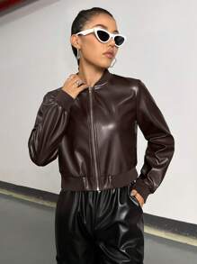 SHEIN Unity Dây kéo Da giả Áo khoác bomber - Gỗ đỏ - Xem 6