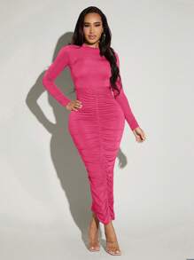 SHEIN SXY Của phụ nữ Đứng cổ áo Xù Hoa Sen Váy bodycon - Màu Hồng Tươi - Xem 1