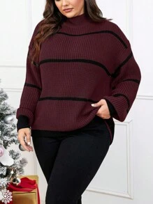 SHEIN LUNE Plus Size Lantern Sleeve Sweater Pullover - Burgundy - View 3