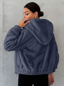 RueChic Women's Solid Color Hooded Fleece Jacket - Dark Grey - View 2