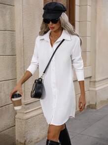 Easowa Vestido de trabajo de estilo camisa blanca para mujeres, primavera - Blanco - Ver 4
