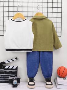 SHEIN 3-teiliges Set Aus Weste Mit Dinosaurier-aufdruck, Grünem Langarmshirt Und Jeanshose Für Kleinkinder Und Jungen - Verschiedenfarbig - Übersicht 3
