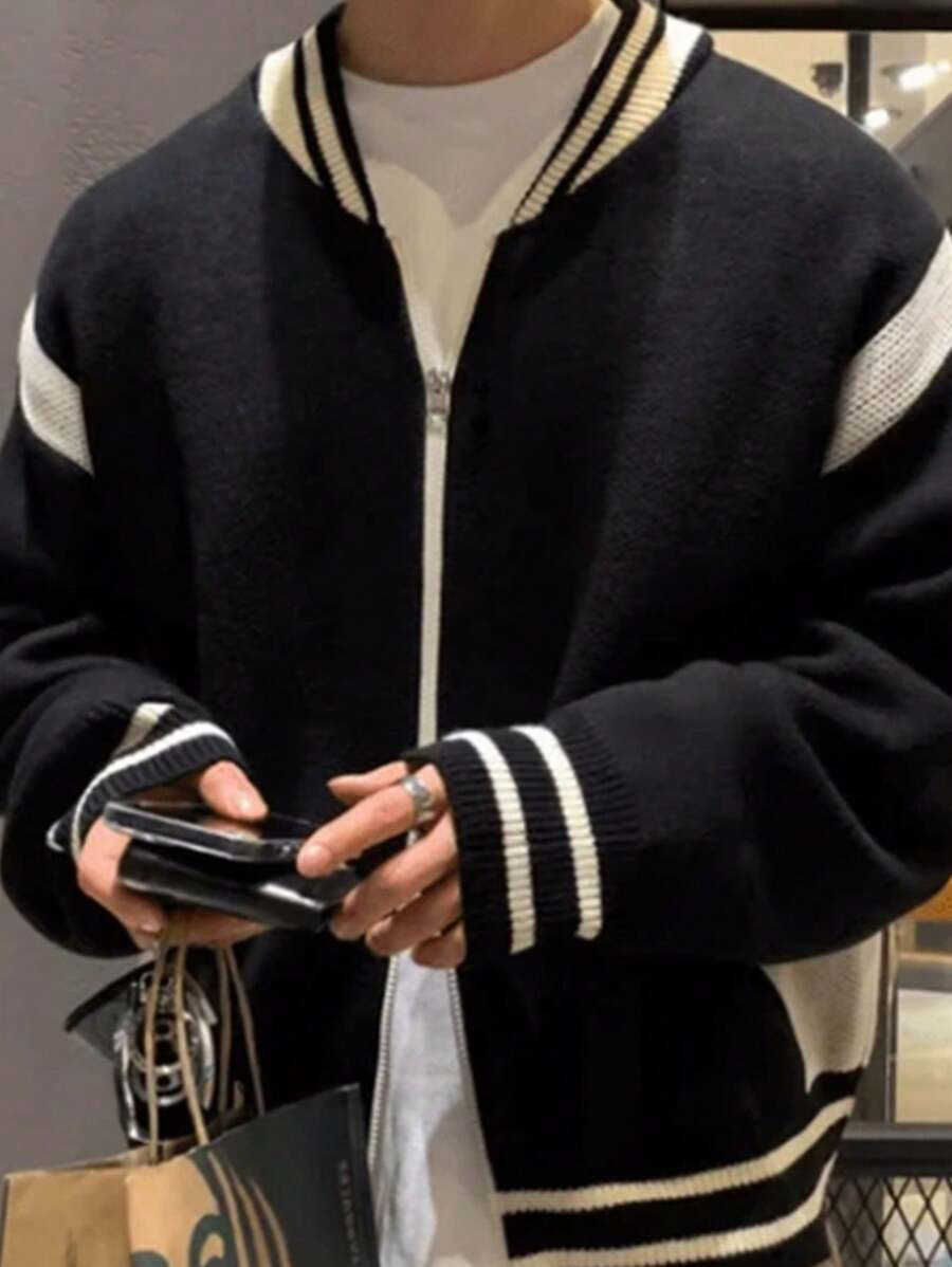 Manfinity Hypemode Nam Màu sắc Chặn Áo len Mở Với Phong cách Preppy - màu đen - Xem 1